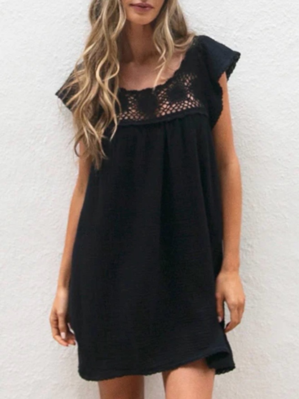 Honorine Stella Crochet-Trimmed Cotton Gauze Mini Dress Black Small
